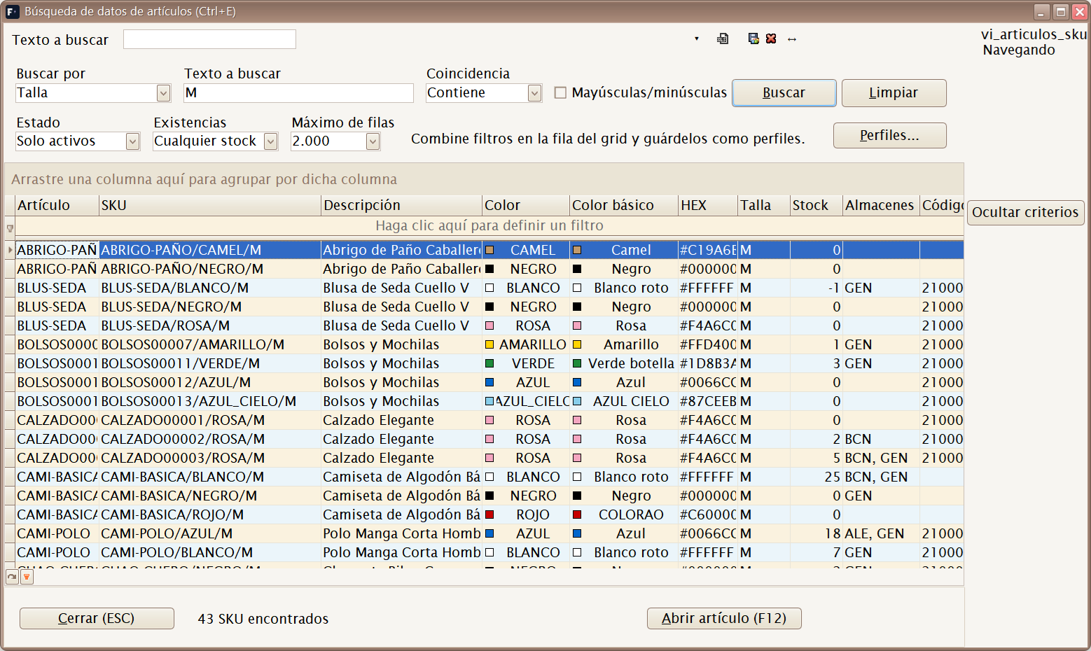 Búsqueda de datos de artículos
