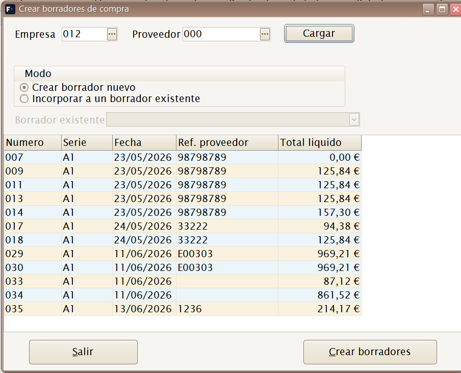 Crear borradores desde albaranes de compra