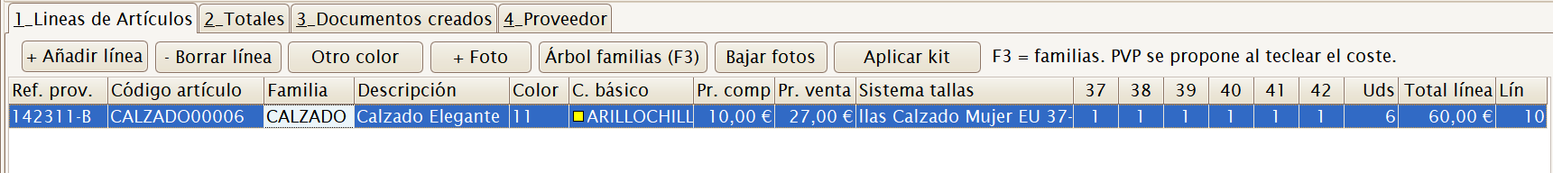 Líneas de artículos con matriz de tallas
