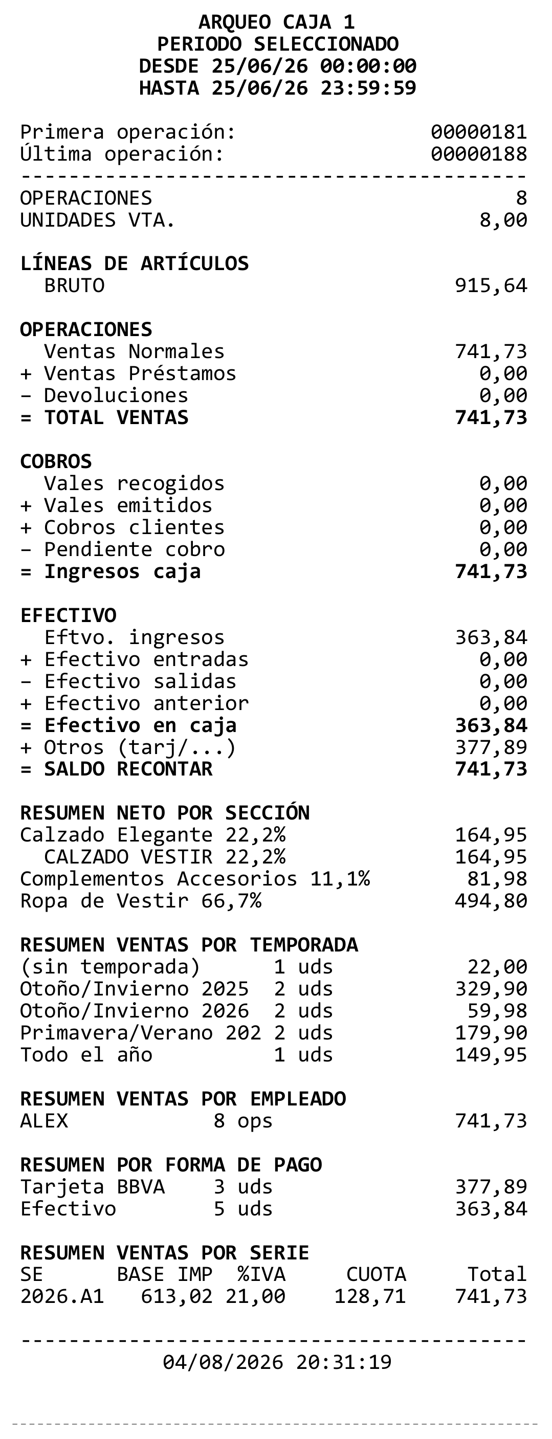 Resumen imprimible del arqueo