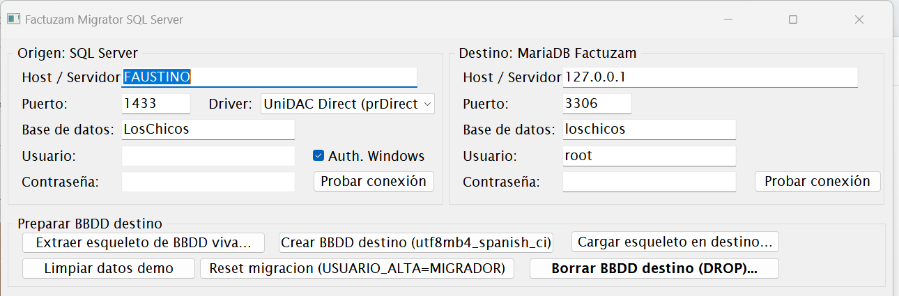 Sección Preparar BBDD destino