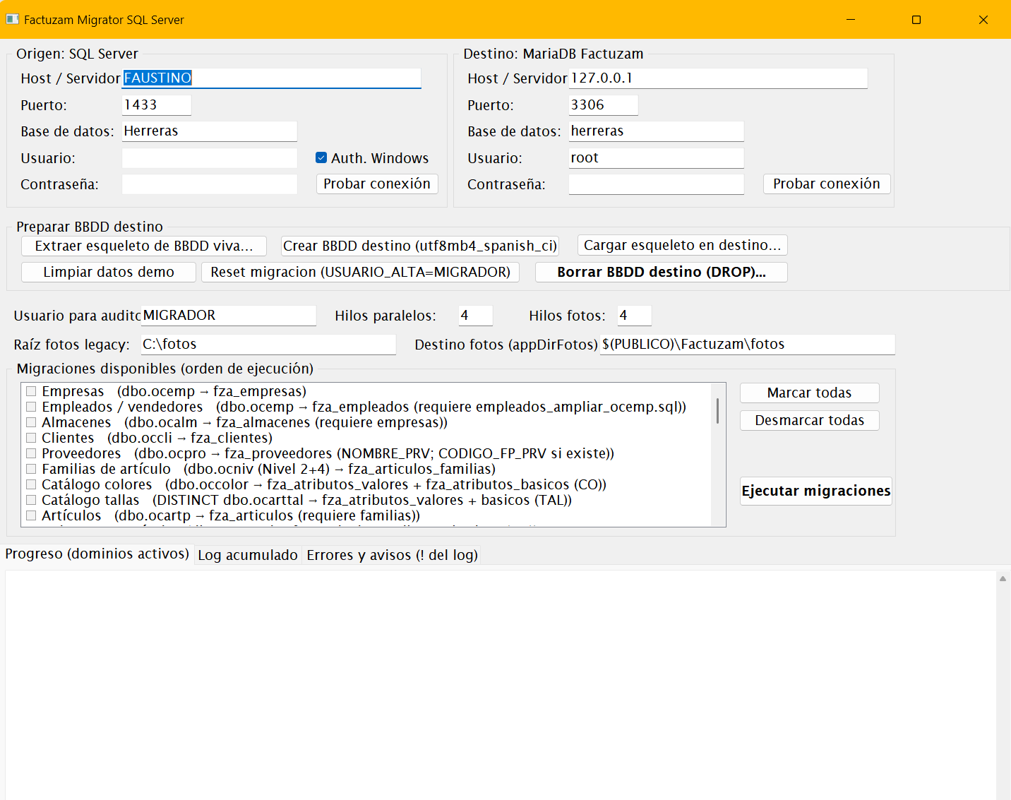 Pantalla principal del Migrator